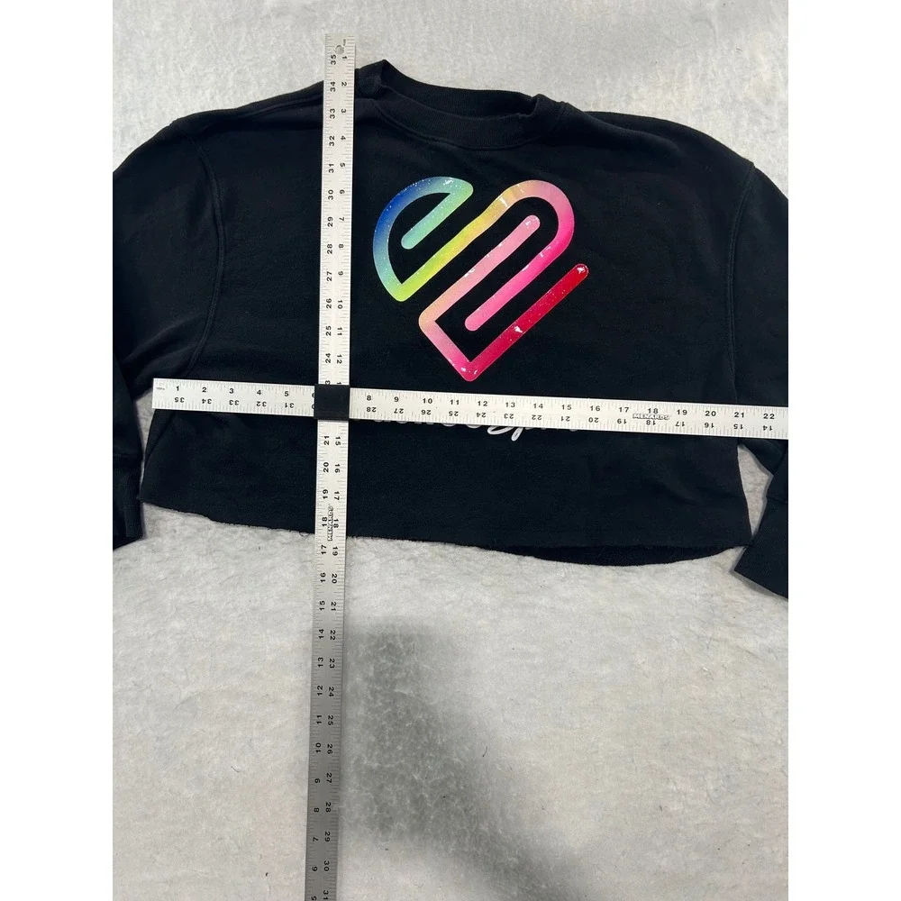 Justice Sport Girls Black Cropped Sweatshirt Rainbow Heart Logo Size M 10